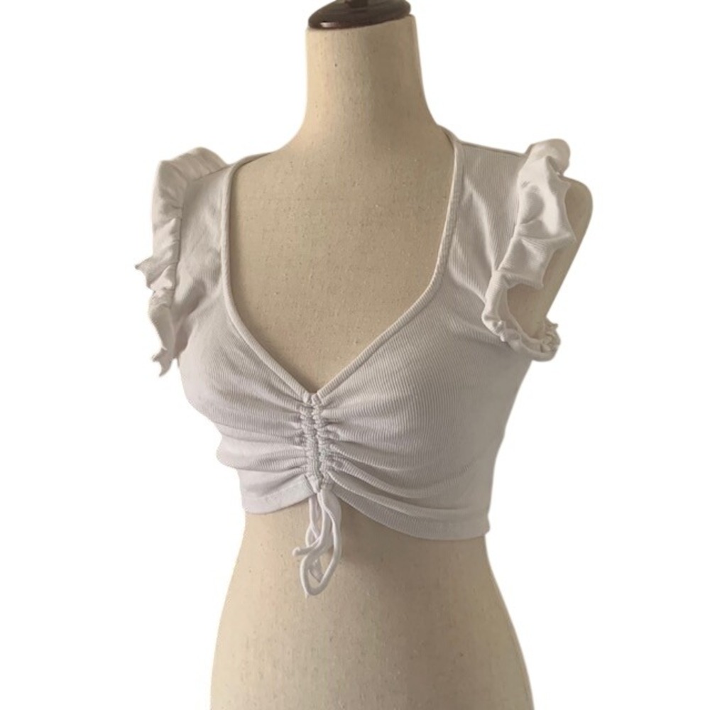 Zara White Ruched Ruffle Sleeve Crop Top L V-Neck Cottagecore Festival Coquette
